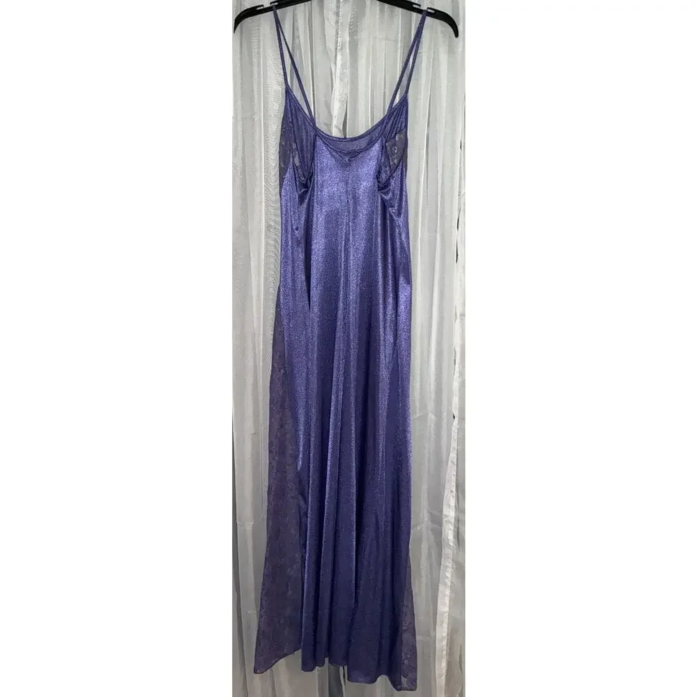 Vintage Lavender Lace Full Slip Silky Maxi Nightgown Storybook Romance Size M